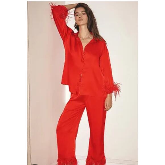 Hutch Anthropologie Feather-Trim Top and Bottoms Pajama Set Red Size S